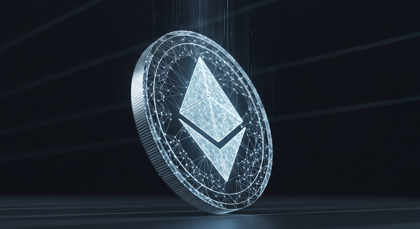 Moeda digital abstrata e estilizada, brilhando com padrão geométrico, em queda dinâmica.