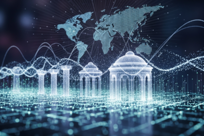 Rede blockchain abstrata e brilhante com blocos geométricos interconectados, simbolizando governança e tecnologia.