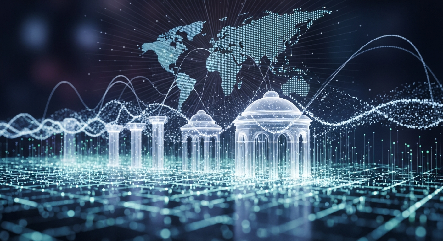 Rede blockchain abstrata e brilhante com blocos geométricos interconectados, simbolizando governança e tecnologia.