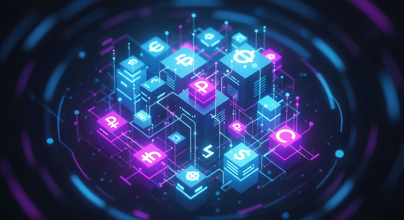 Ativos digitais abstratos e estilizados, brilhando em tons vibrantes de azul e roxo, sugerindo moeda digital.