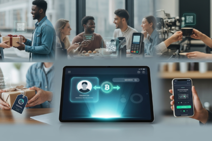 Interface de pagamento digital futurista integrando criptomoedas na vida moderna e presentes.