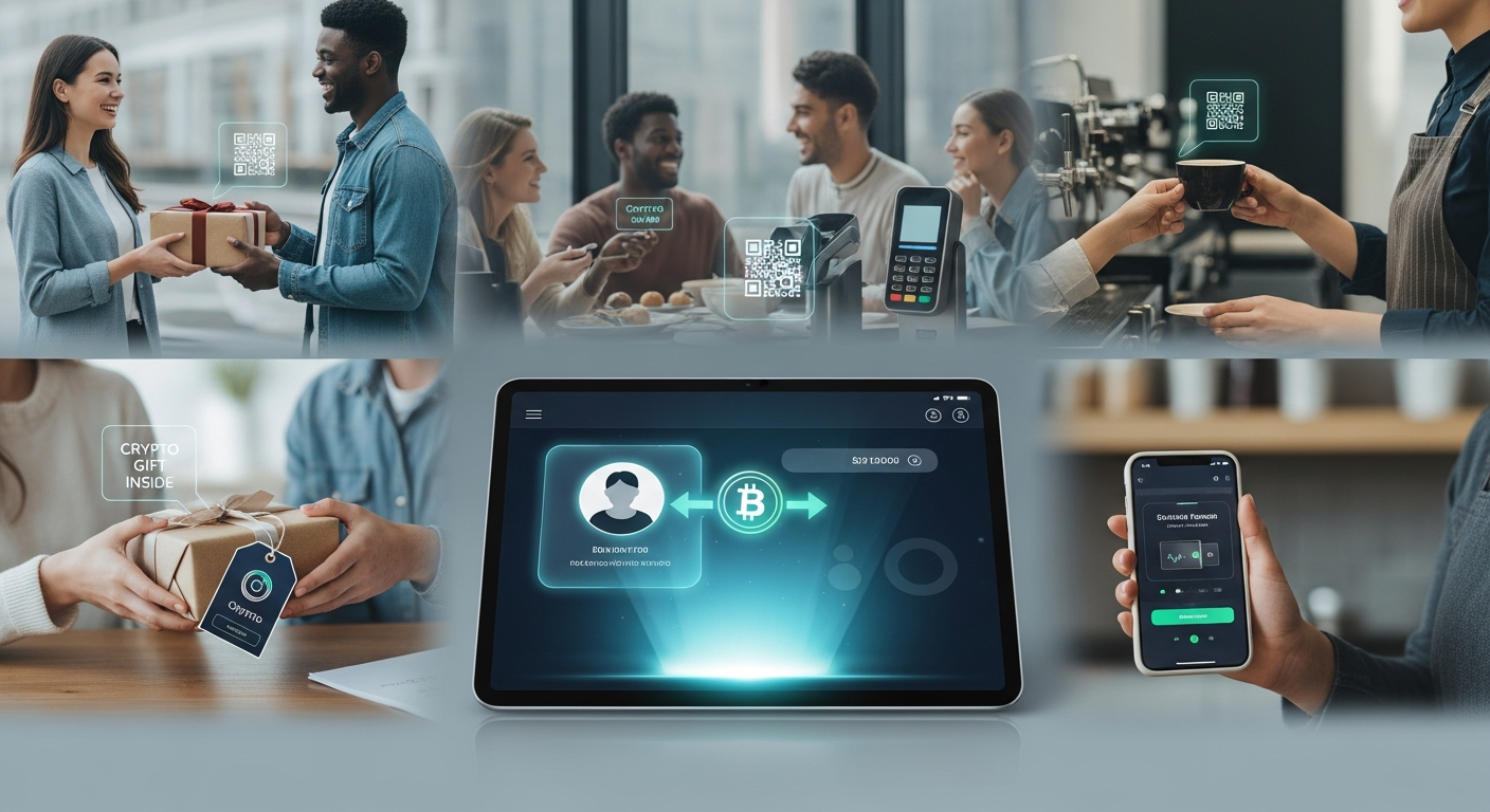 Interface de pagamento digital futurista integrando criptomoedas na vida moderna e presentes.