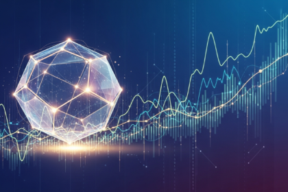 Estrutura cristalina geométrica luminosa e multifacetada, simbolizando finanças digitais e crescimento.