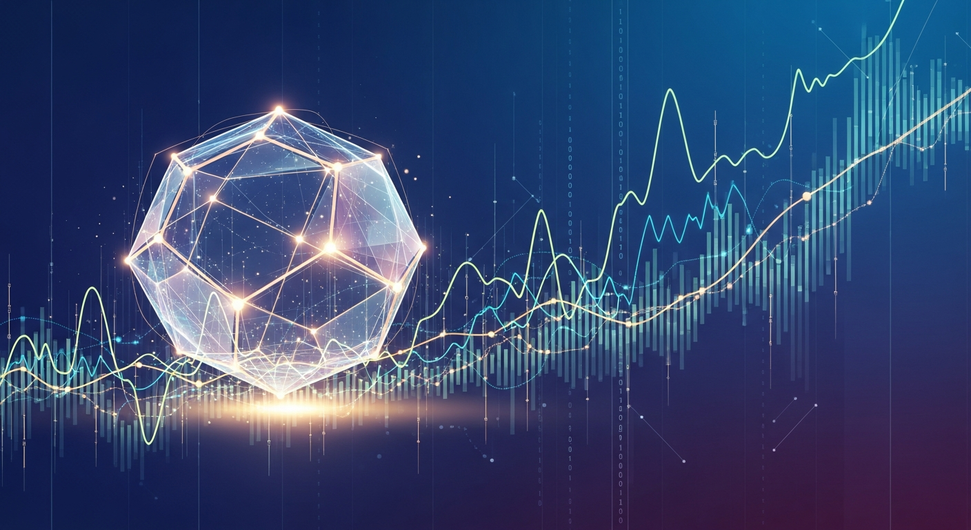 Estrutura cristalina geométrica luminosa e multifacetada, simbolizando finanças digitais e crescimento.