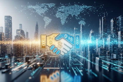 Arquitetura futurista de hub financeiro global, convergindo finanças tradicionais e tecnologia blockchain.