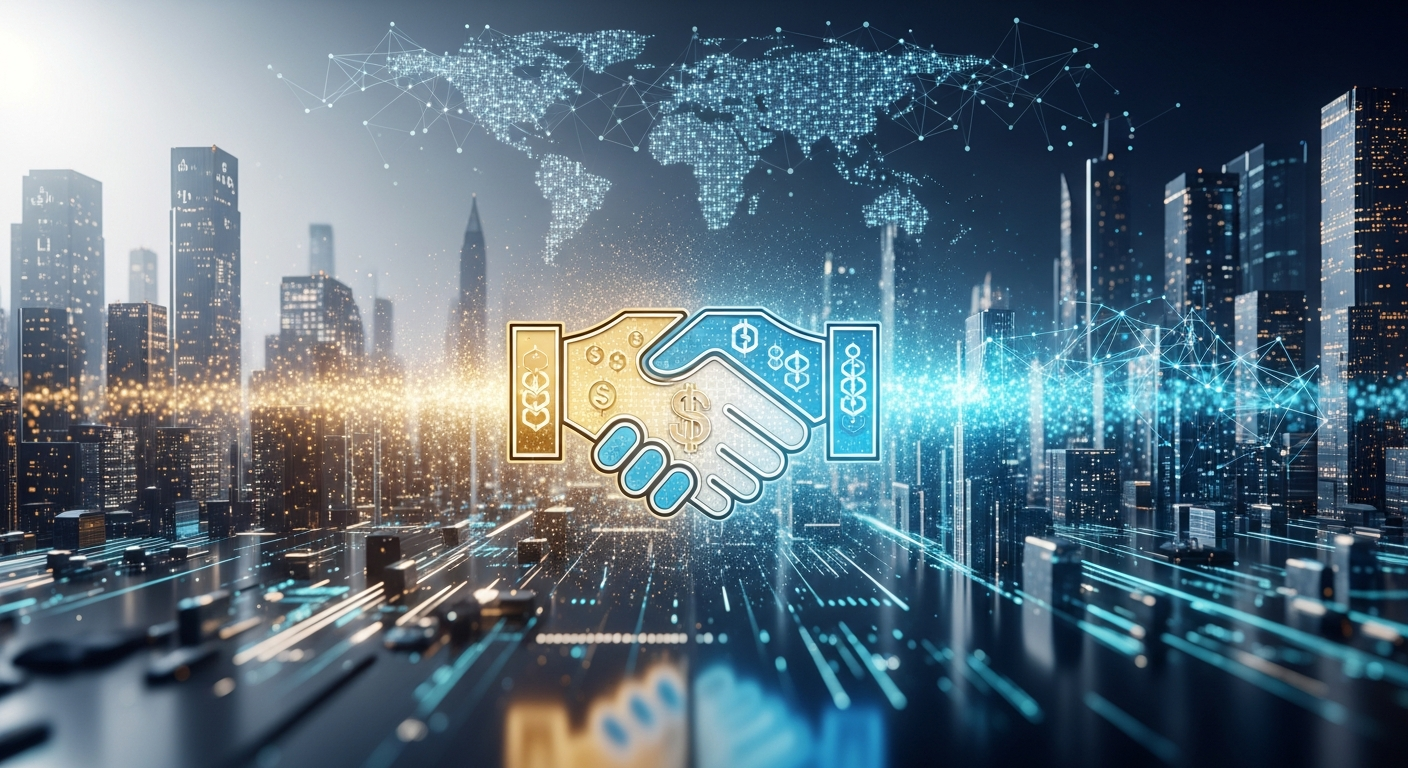 Arquitetura futurista de hub financeiro global, convergindo finanças tradicionais e tecnologia blockchain.