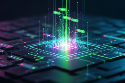 Arte digital abstrata: interface escura e futurista com padrões geométricos vibrantes interconectados.