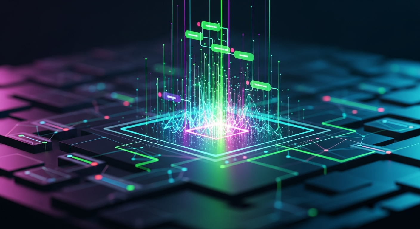 Arte digital abstrata: interface escura e futurista com padrões geométricos vibrantes interconectados.