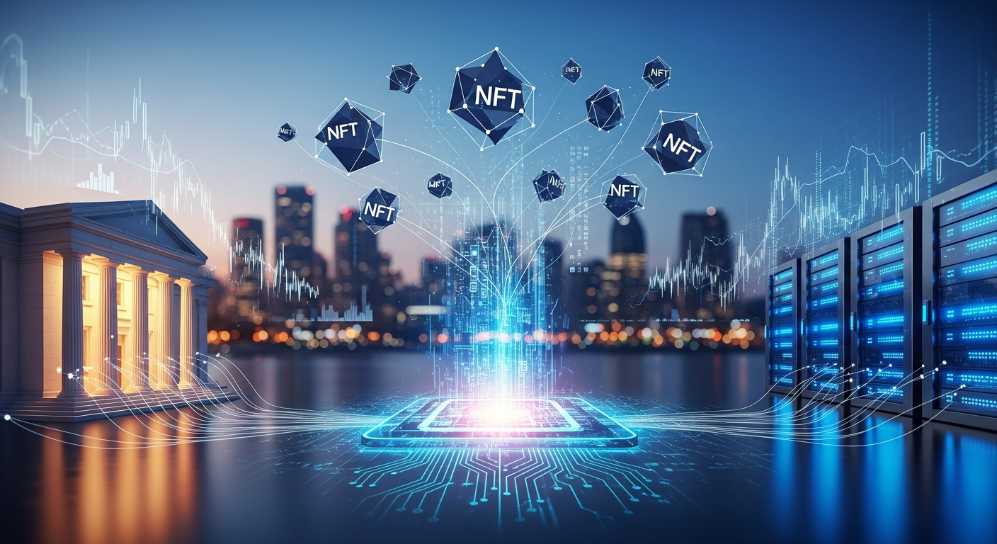 Hub de rede futurista integrando infraestrutura financeira tradicional com pagamentos digitais e ativos descentralizados.