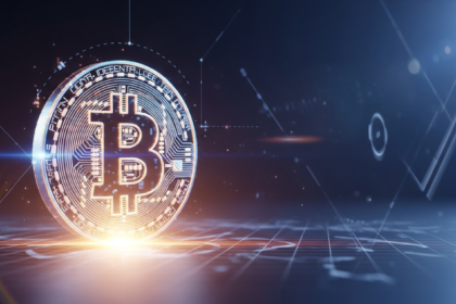 Símbolo de Bitcoin estilizado e brilhante com padrões digitais intrincados e brilho holográfico.