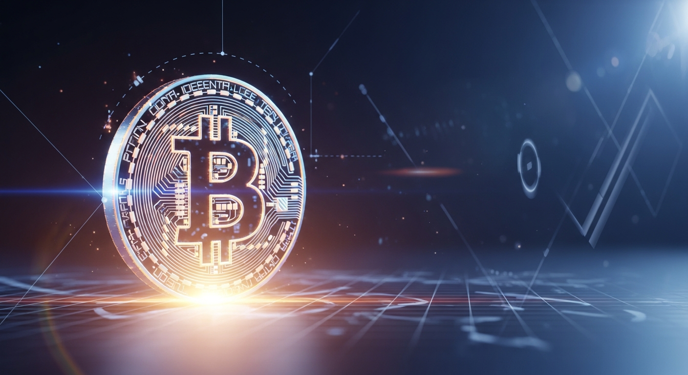 Símbolo de Bitcoin estilizado e brilhante com padrões digitais intrincados e brilho holográfico.