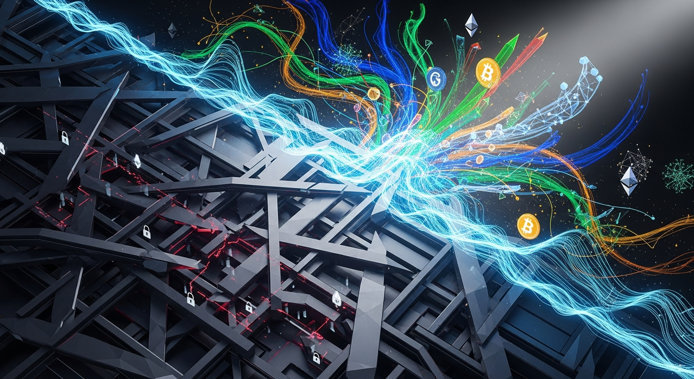 Vivid abstract image: digital finance transitioning from restriction to a new phase.