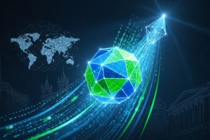 Núcleo geométrico abstrato e brilhante emana energia vívida, simbolizando um marco de ativos digitais.