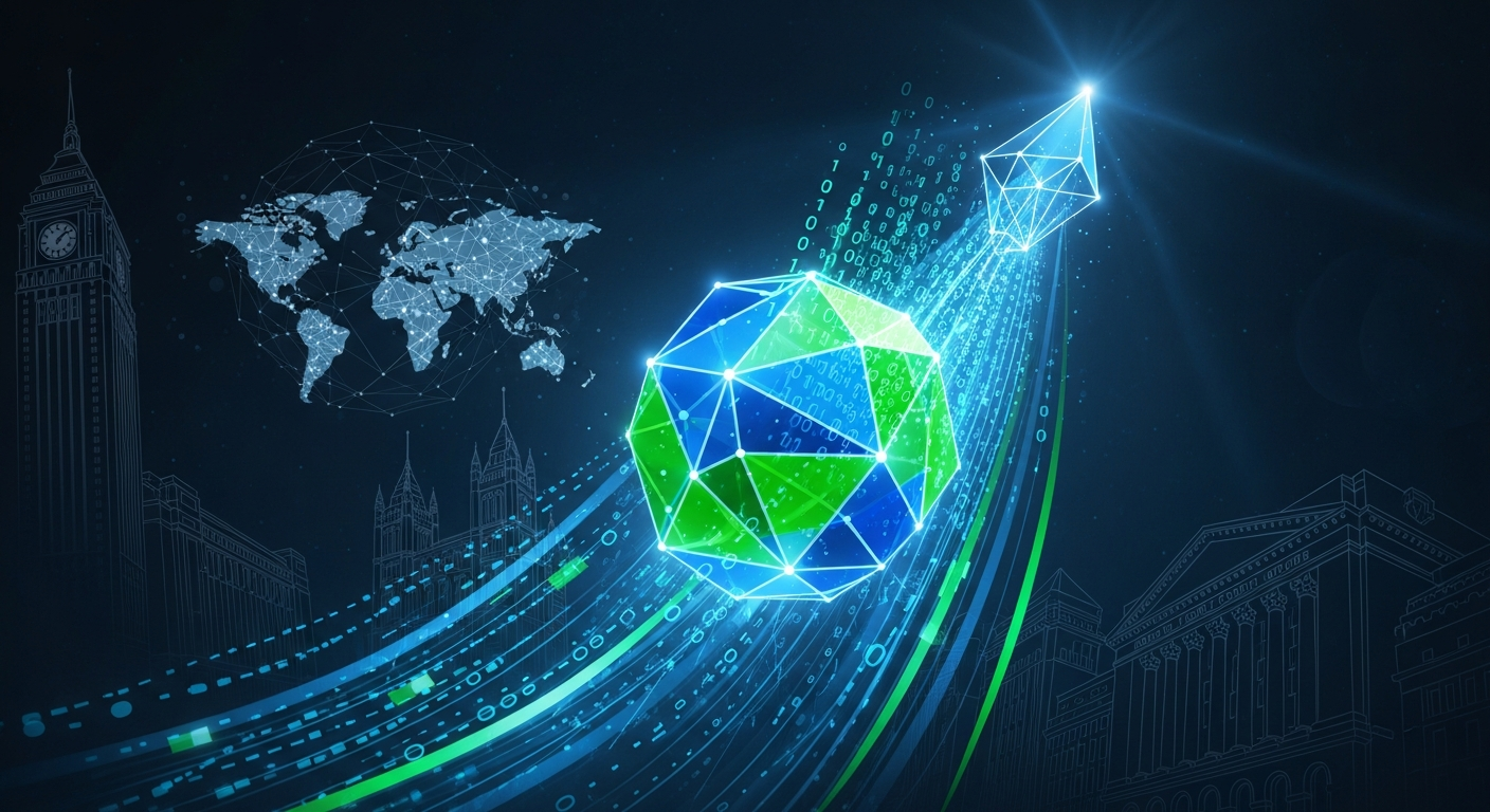 Núcleo geométrico abstrato e brilhante emana energia vívida, simbolizando um marco de ativos digitais.