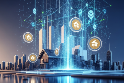 Sleek, abstract architectural forms and a stylized cityscape seamlessly merging.