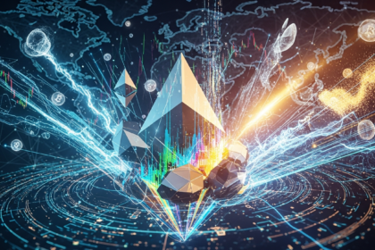 Arte digital abstrata moderna representando o mercado de criptomoedas com estrutura cristalina proeminente.