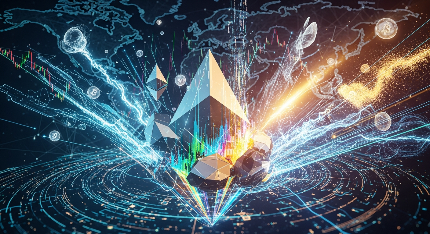 Arte digital abstrata moderna representando o mercado de criptomoedas com estrutura cristalina proeminente.