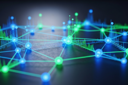 Dynamic, intrincada e brilhante estrutura de rede digital representando blockchain interconectada.