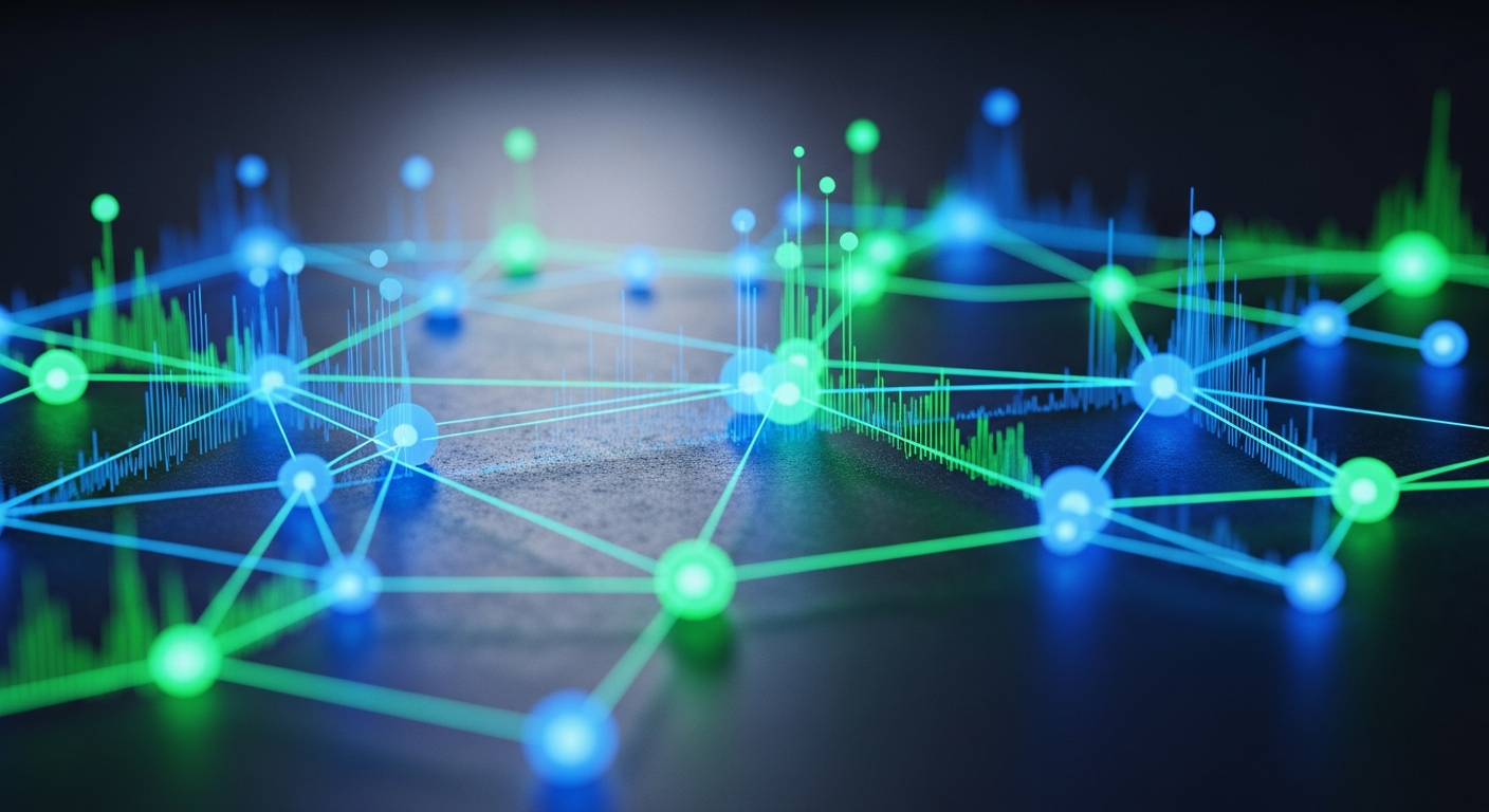 Dynamic, intrincada e brilhante estrutura de rede digital representando blockchain interconectada.