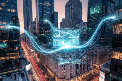 Cluster de arranha-céus de vidro modernos em cidade movimentada, integrando finanças digitais e tradicionais.