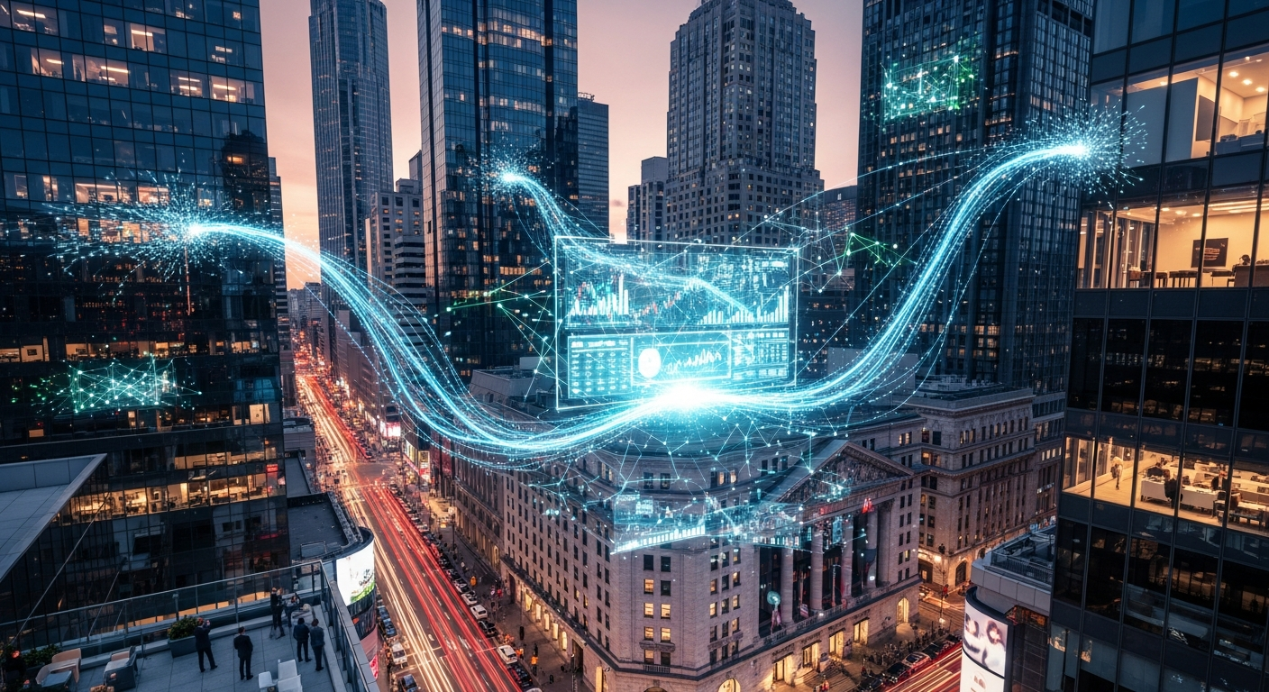 Cluster de arranha-céus de vidro modernos em cidade movimentada, integrando finanças digitais e tradicionais.