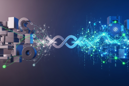 Imagem abstrata moderna da convergência dinâmica entre finanças tradicionais, Web3 e criptoativos.