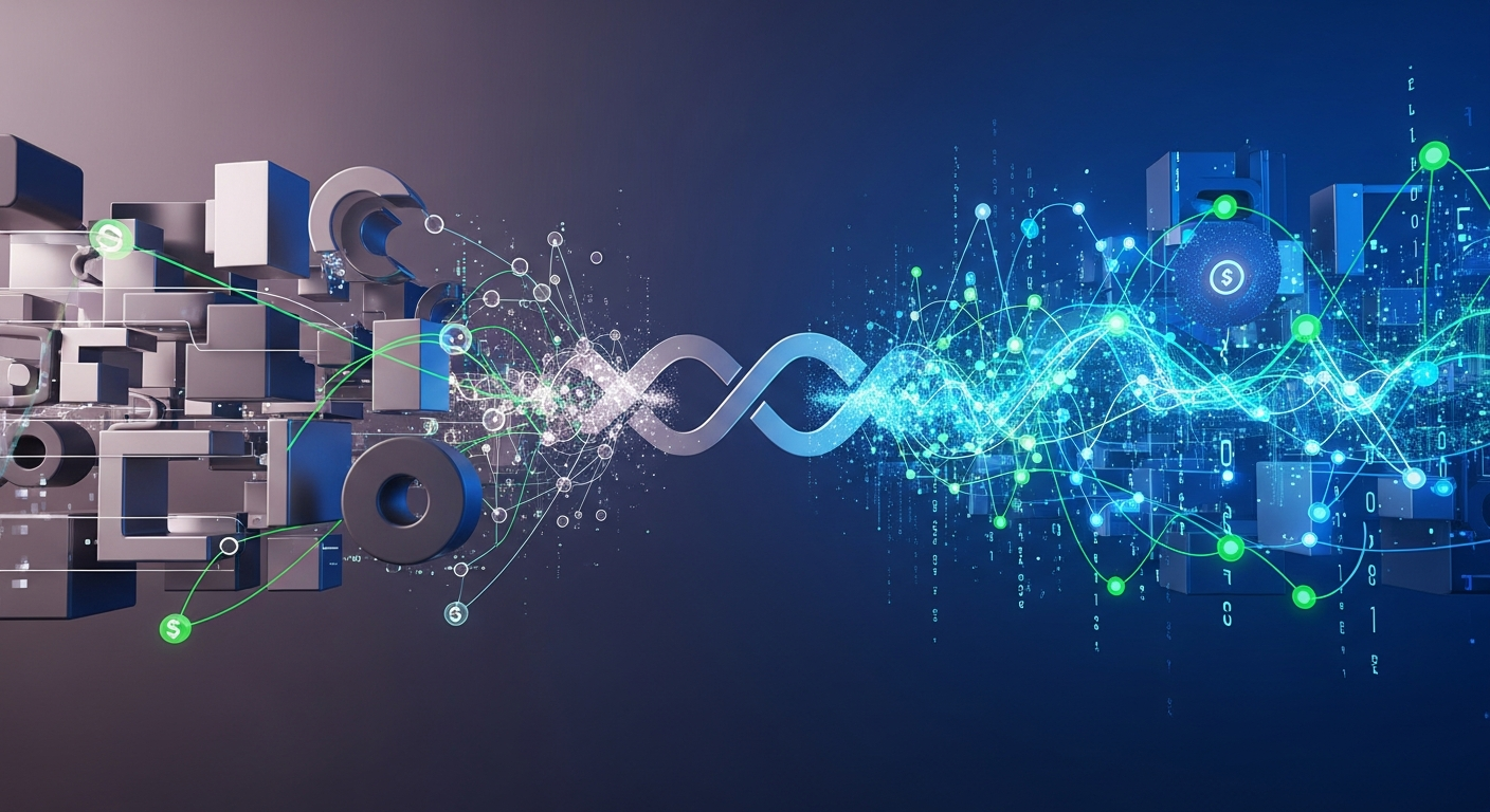 Imagem abstrata moderna da convergência dinâmica entre finanças tradicionais, Web3 e criptoativos.