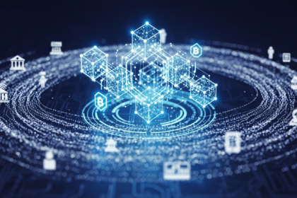 Rede abstrata de formas geométricas brilhantes simbolizando blockchain seguro para administração pública digital.
