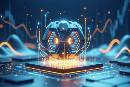 Abstrato moderno: estrutura geométrica brilhante em plataforma digital com linhas ascendentes e dados.