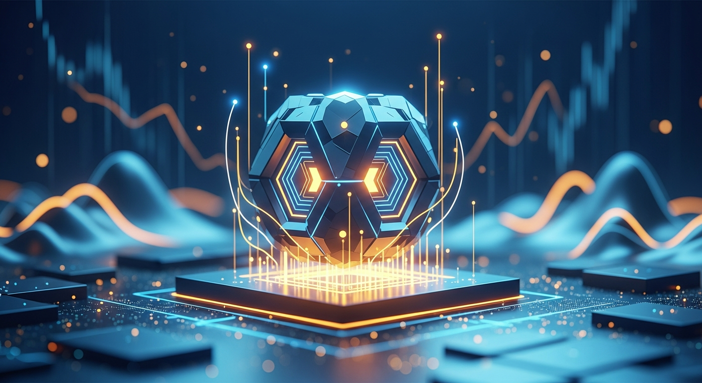 Abstrato moderno: estrutura geométrica brilhante em plataforma digital com linhas ascendentes e dados.