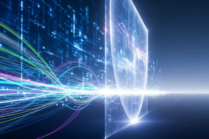 Paisagem digital abstrata e futurista com barreira cristalina translúcida imponente e fluxos de dados vibrantes.