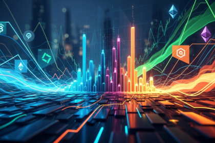 Visualização abstrata e dinâmica da volatilidade do mercado financeiro e movimentos de preços de criptomoedas.