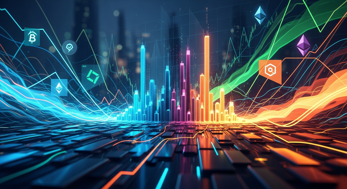 Visualização abstrata e dinâmica da volatilidade do mercado financeiro e movimentos de preços de criptomoedas.