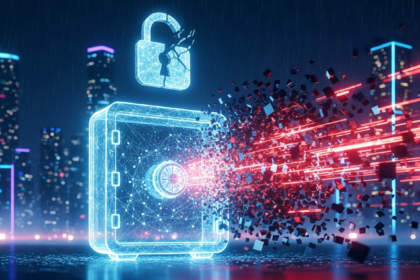 Imagem moderna abstrata de segurança de ativos digitais sob ameaça em ambiente urbano noturno de alta tecnologia.