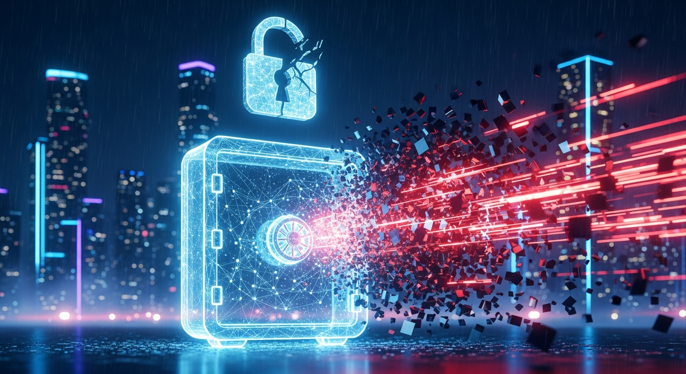 Imagem moderna abstrata de segurança de ativos digitais sob ameaça em ambiente urbano noturno de alta tecnologia.