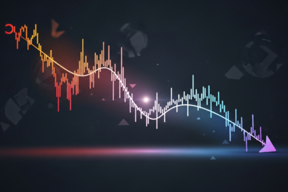 Arte digital abstrata: gráfico de linha elegante com tendência de queda em tons laranja e vermelho.
