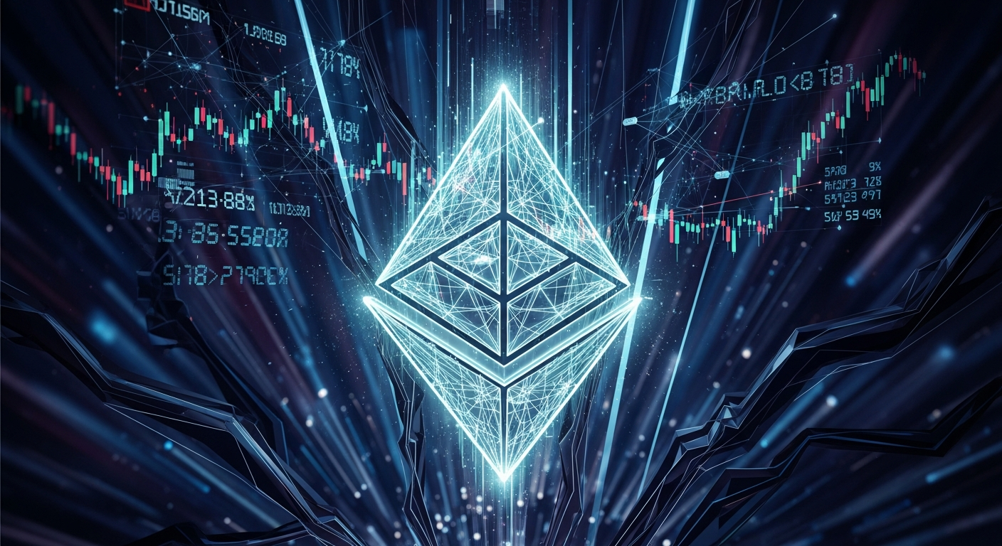 Símbolo abstrato de criptomoeda digital brilhante, descendo precariamente através de um complexo cenário.