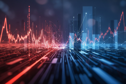 Abstrata moderna do mercado de criptomoedas com fluxos de dados digitais vermelhos e laranja.