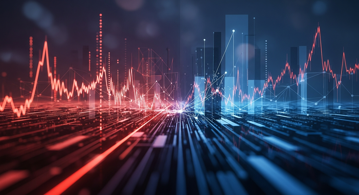 Abstrata moderna do mercado de criptomoedas com fluxos de dados digitais vermelhos e laranja.