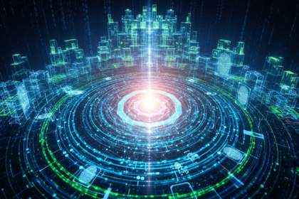 Imagem abstrata: núcleo de luz radiante e multifacetado, simbolizando identidade digital segura.