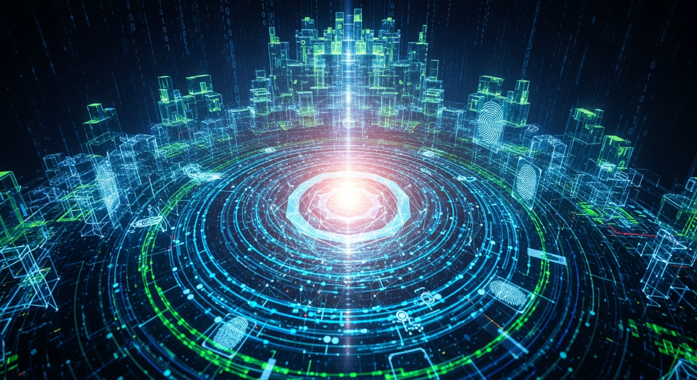 Imagem abstrata: núcleo de luz radiante e multifacetado, simbolizando identidade digital segura.