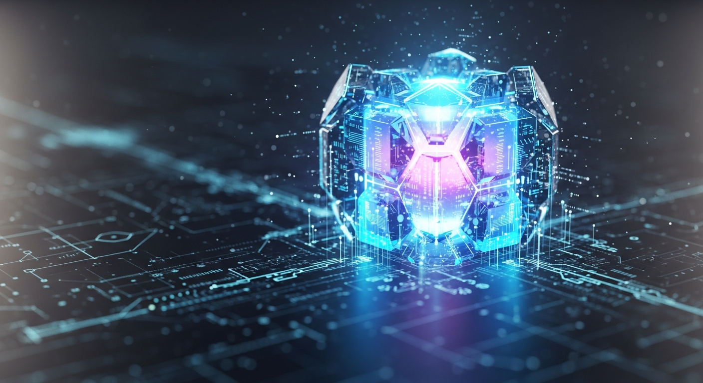 Estrutura digital abstrata, brilhante e intrincada, assemelhando-se a um núcleo de dados cristalino.