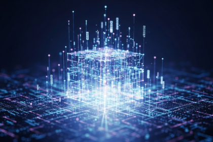 Estrutura digital central robusta, com linhas geométricas luminosas e fluxos de dados em rede.