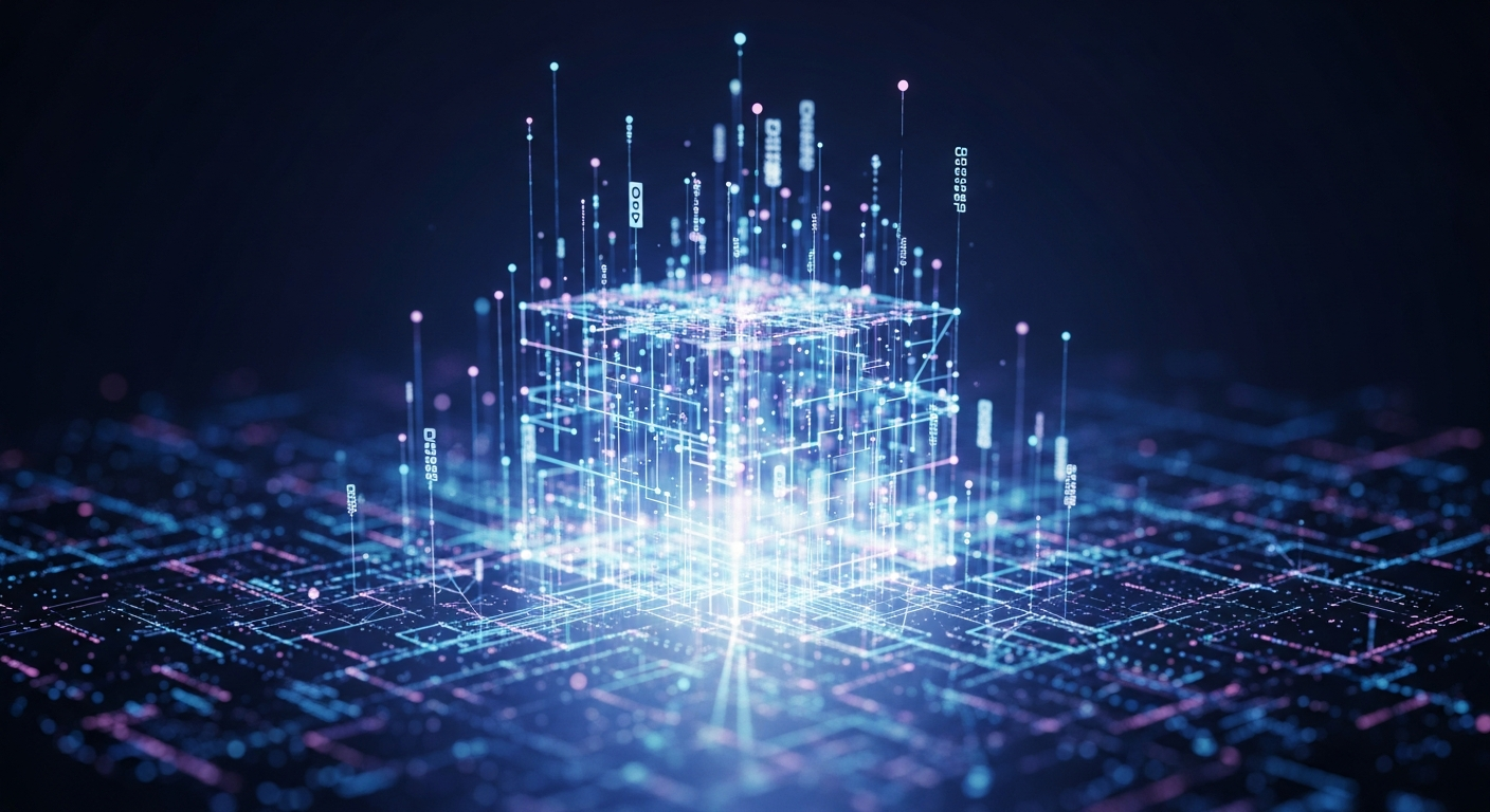 Estrutura digital central robusta, com linhas geométricas luminosas e fluxos de dados em rede.