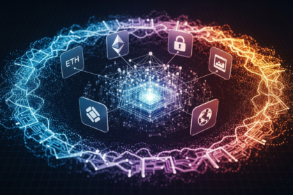 Arte digital abstrata: ecossistema Ethereum em ponto de inflexão, com nexo geométrico brilhante.