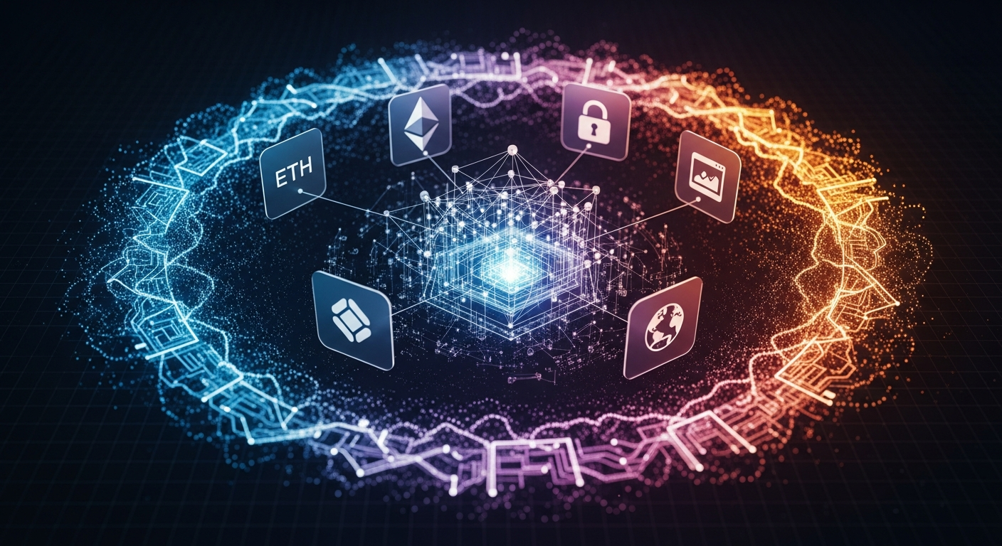 Arte digital abstrata: ecossistema Ethereum em ponto de inflexão, com nexo geométrico brilhante.