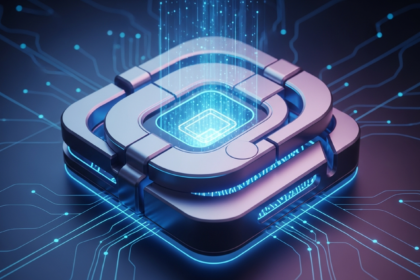 Arte digital moderna e vívida: cofre digital ou carteira hardware abstrata, minimalista e brilhante.