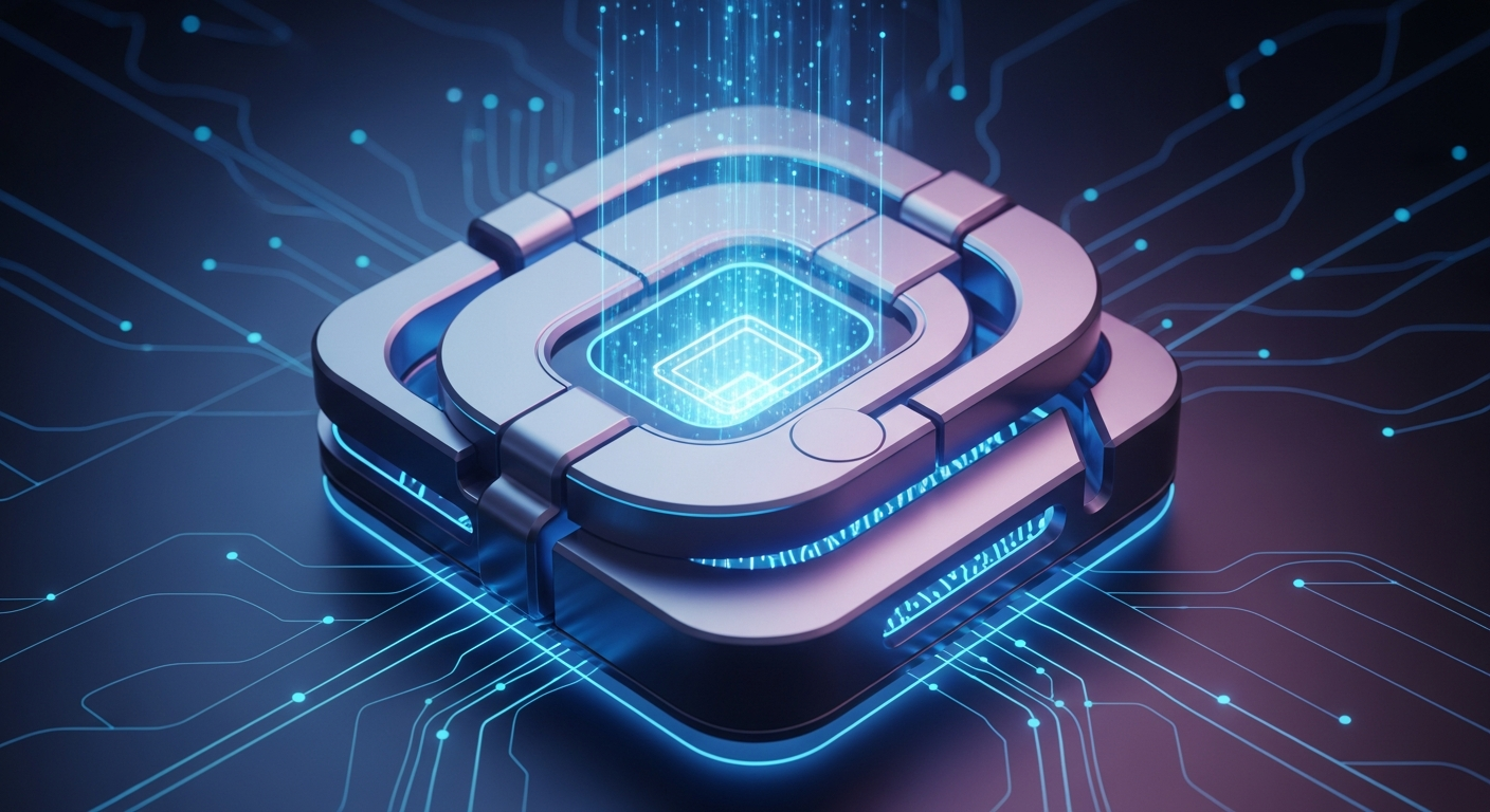 Arte digital moderna e vívida: cofre digital ou carteira hardware abstrata, minimalista e brilhante.