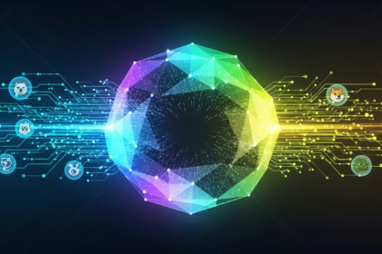 Modern image com um orbe digital brilhante e multifacetado cercado por fluxos vibrantes.