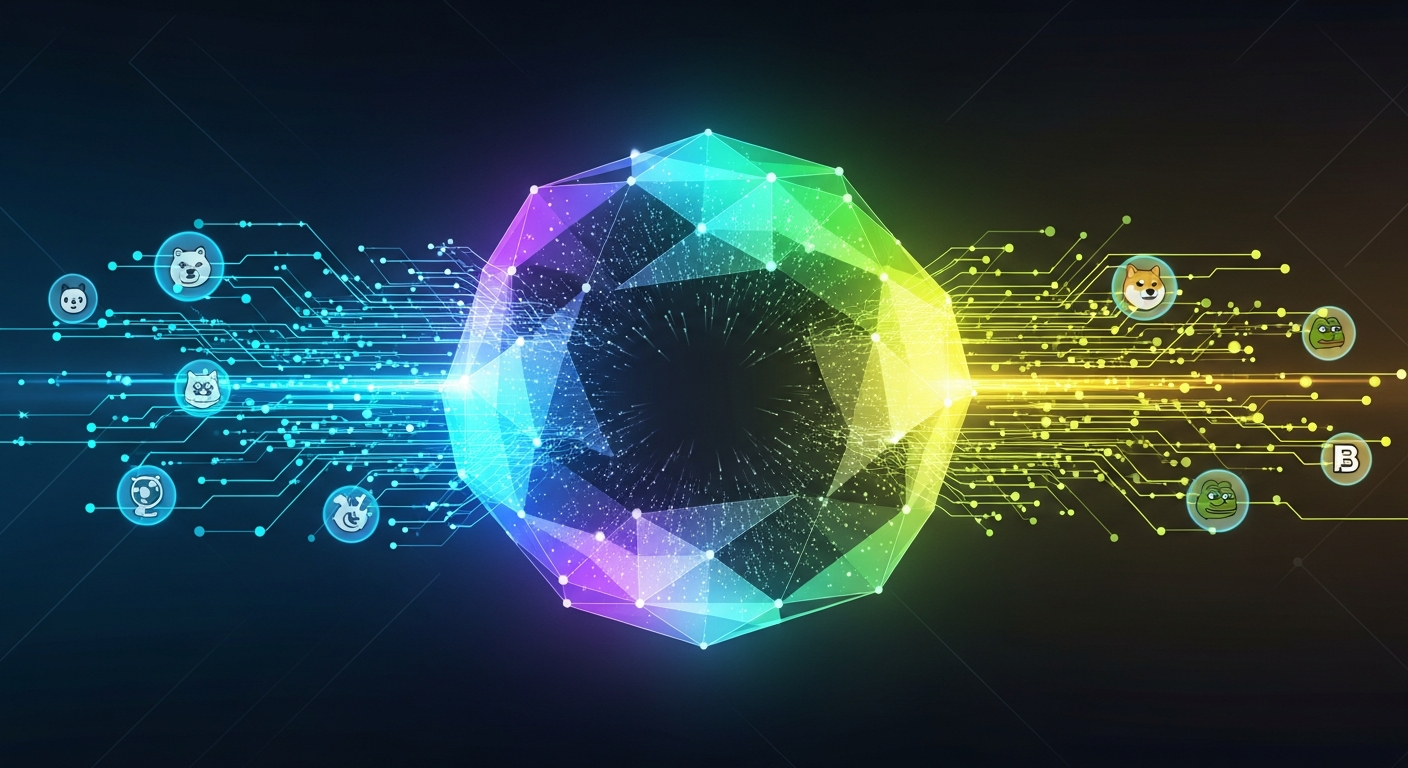 Modern image com um orbe digital brilhante e multifacetado cercado por fluxos vibrantes.